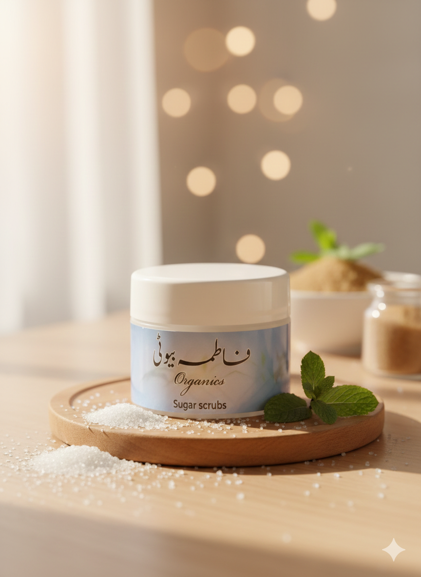 Jar of sugar scrub with a decorative background