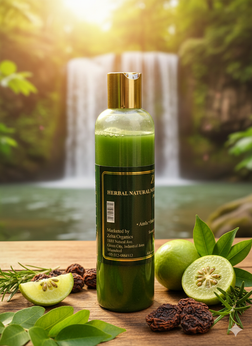 Herbal Naturals bottle with green liquid on a wooden surface with natural elements, waterfall in the background