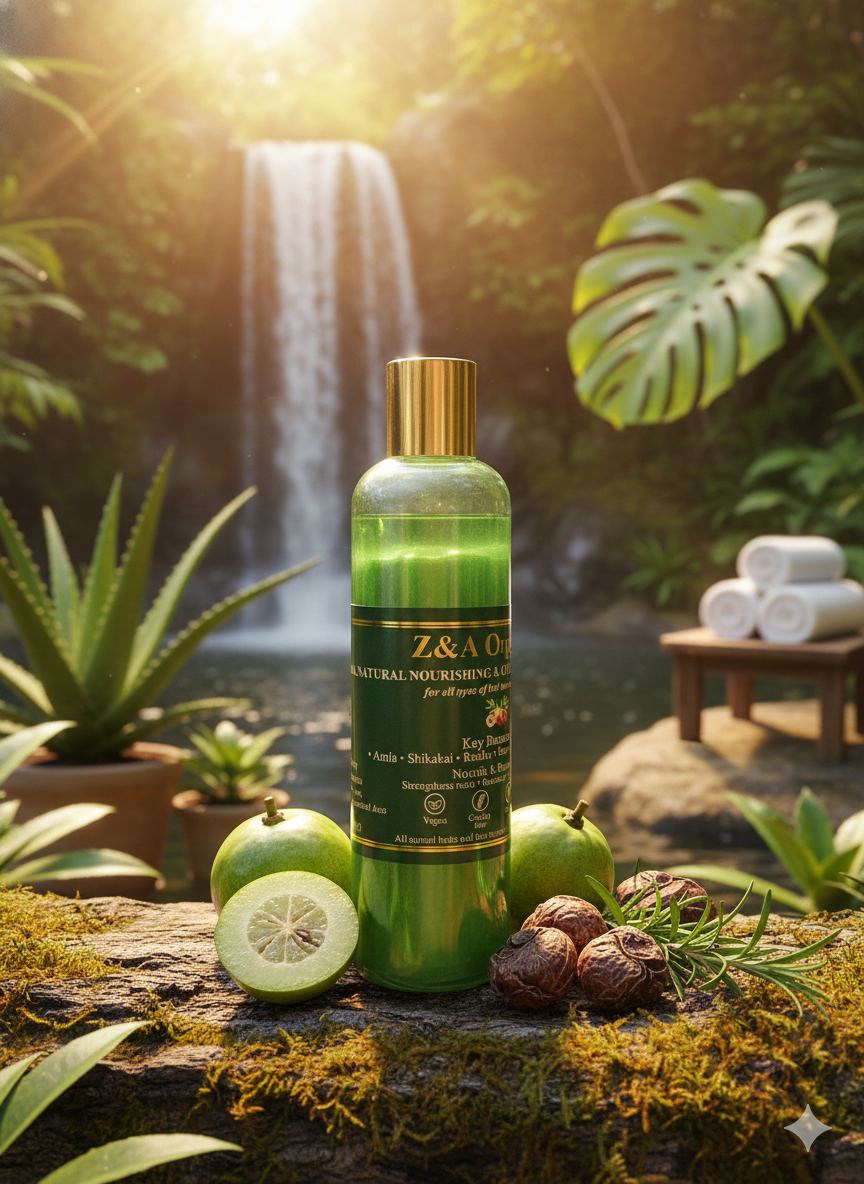 Green bottle with gold cap on a log surrounded by nature with a waterfall in the background