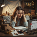 Woman in distress at a desk with a laptop showing a failed sales report.