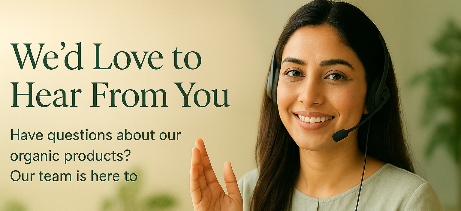 Woman with a headset smiling and waving, with text inviting feedback on organic products.
