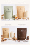 Four different flavors of protein powder with packaging and ingredients displayed.