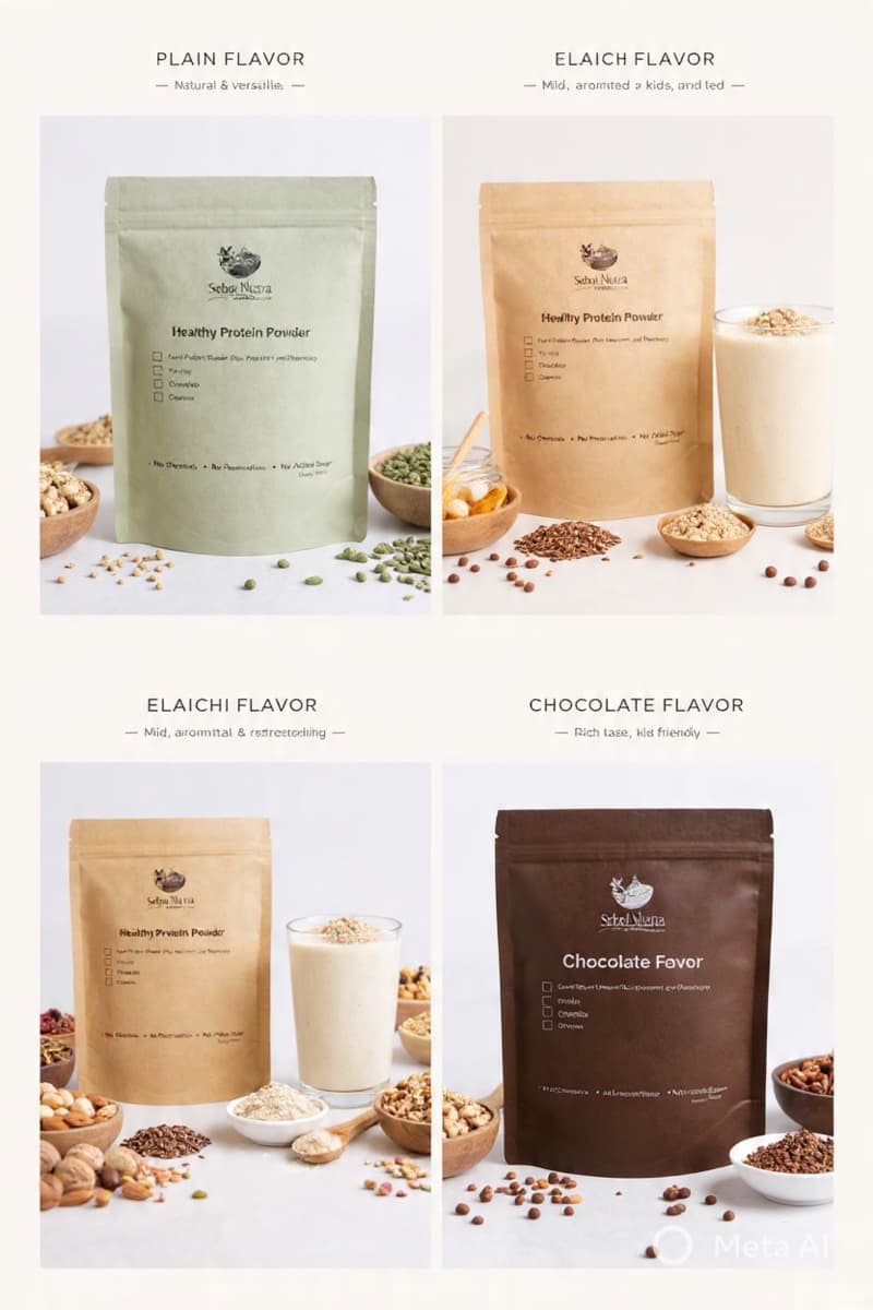 Four different flavors of protein powder with packaging and ingredients displayed.