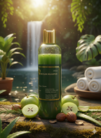 Green shampoo bottle with natural elements like apples and leaves on a wooden surface.