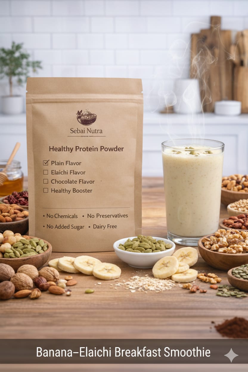 Sebun Nutra protein powder package with a smoothie and ingredients on a wooden table.