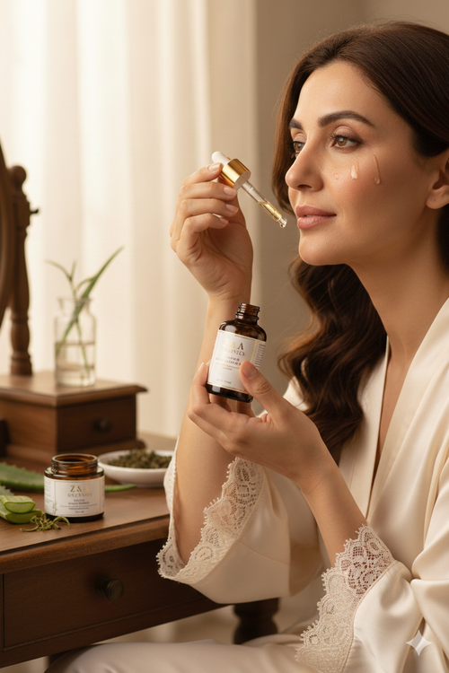 Woman applying skincare product with dropper and bottle in a cozy room.