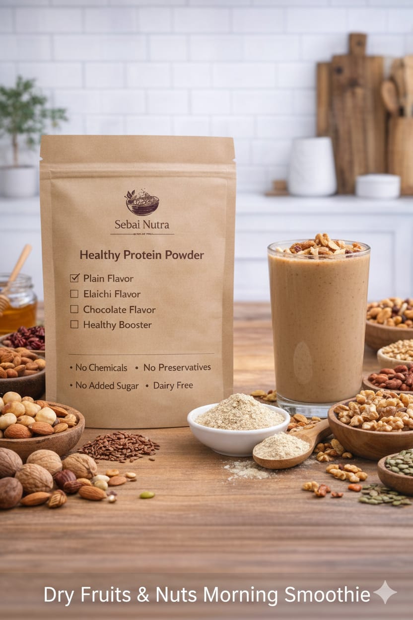 Sebun Nutra healthy protein powder package with a smoothie and nuts on a wooden table.