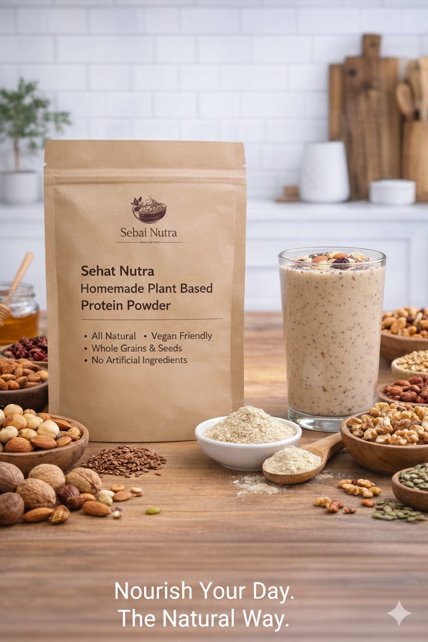 Sehat Nutra protein powder package with a bowl of powder, a glass of shake, and various nuts on a wooden table.