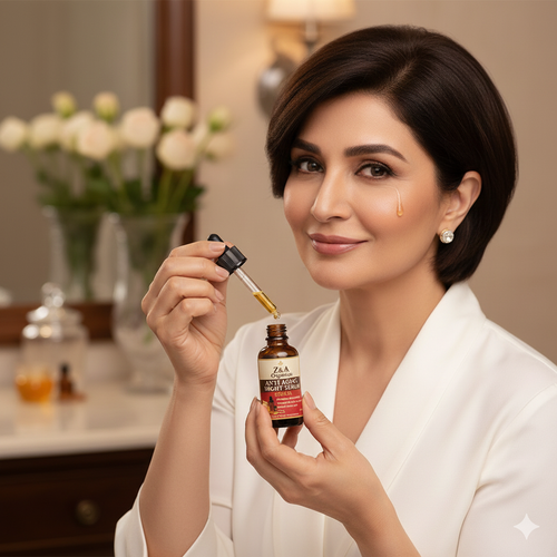 Anti Aging Revitalizing Serum bottle - Organic night serum with coconut oil, licorice and rose extracts for youthful skin