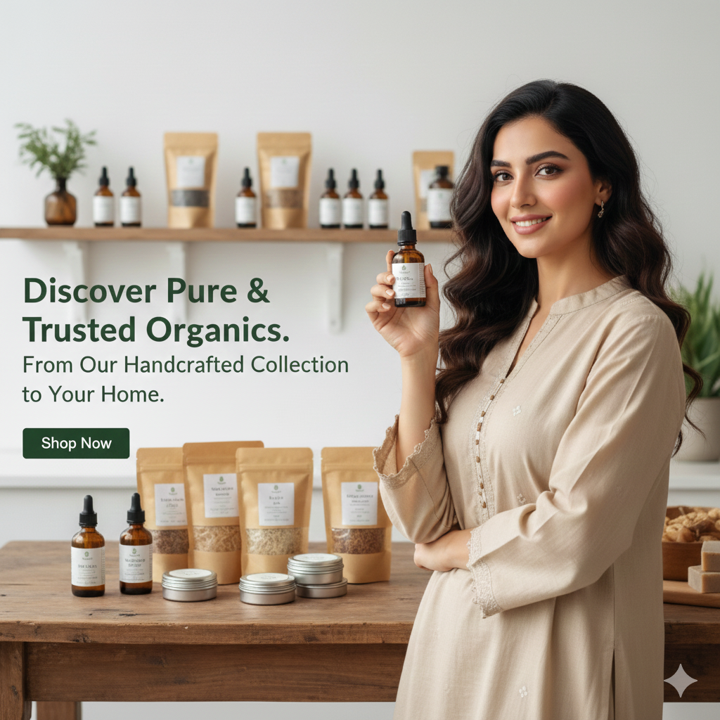 Woman holding a bottle of organic product in a home setting with shelves and table displaying more products.