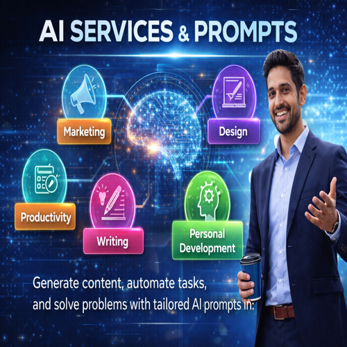 Man in a suit standing next to AI services and prompts with icons and text on a blue background
