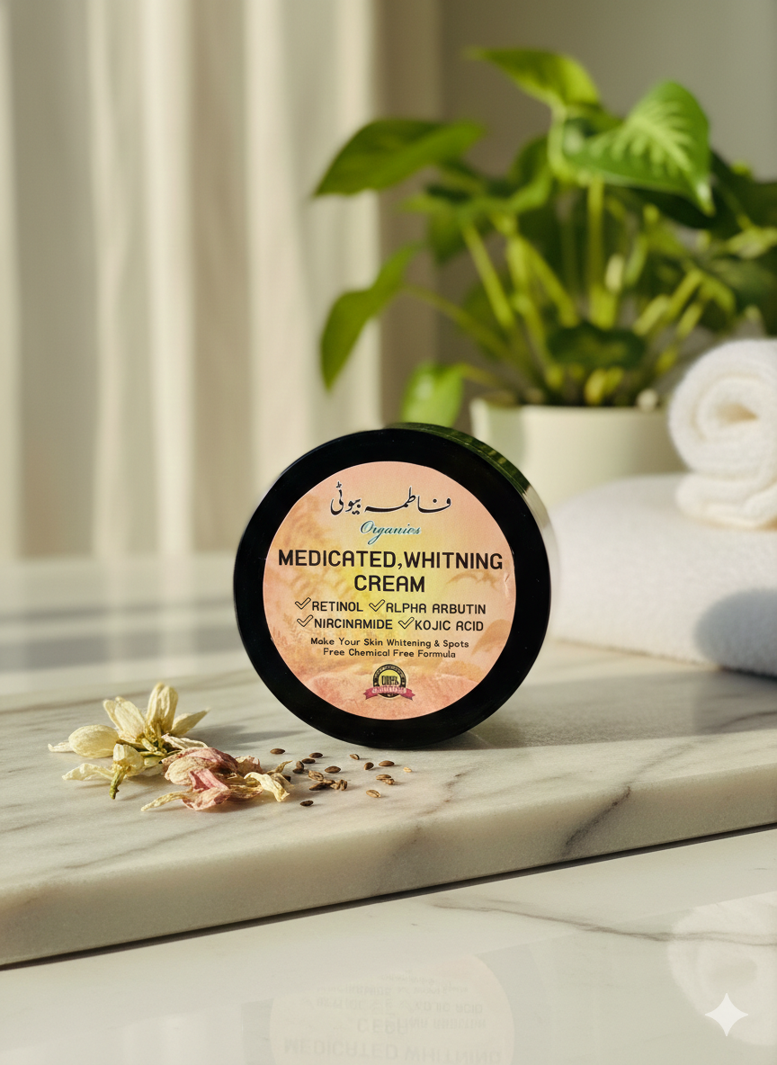 Jar of medicated whitening cream on a marble surface with plants in the background