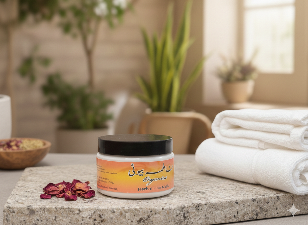 Jar of herbal hair mask on a stone surface with towels and plants in the background