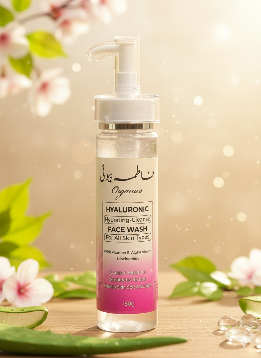 Hyaluronic face wash bottle with floral and greenery background