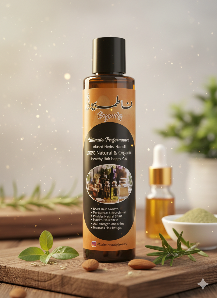 Bottle of organic hair oil on a wooden surface with herbs and a neutral background