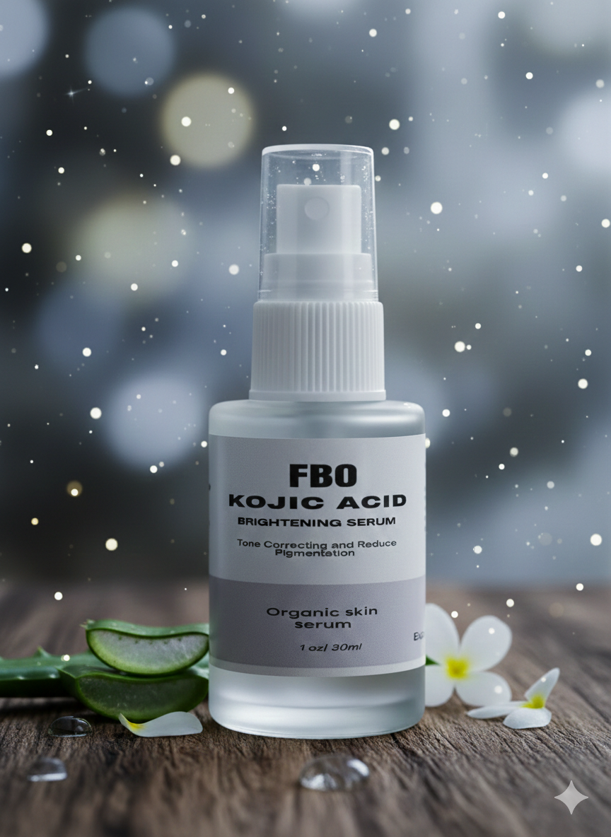 FBO Kojic Acid Brightening Serum bottle on a wooden surface with a blurred background