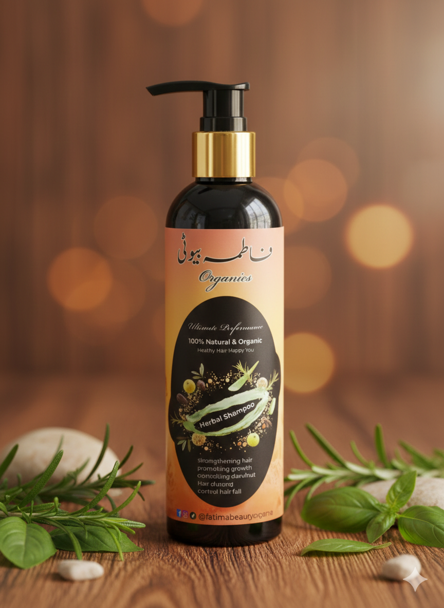 Bottle of organic shampoo with natural ingredients on a wooden surface