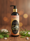 Bottle of organic shampoo with natural ingredients on a wooden surface