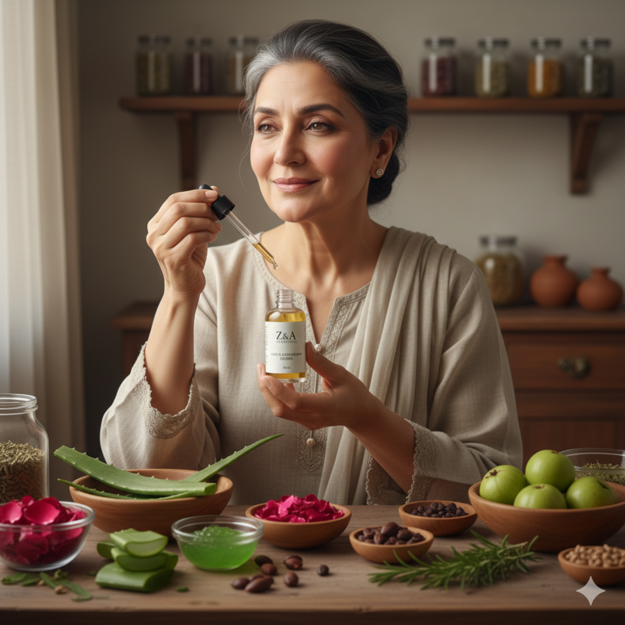 Woman holding a bottle of Serum skincare product with various natural ingredients on a table.