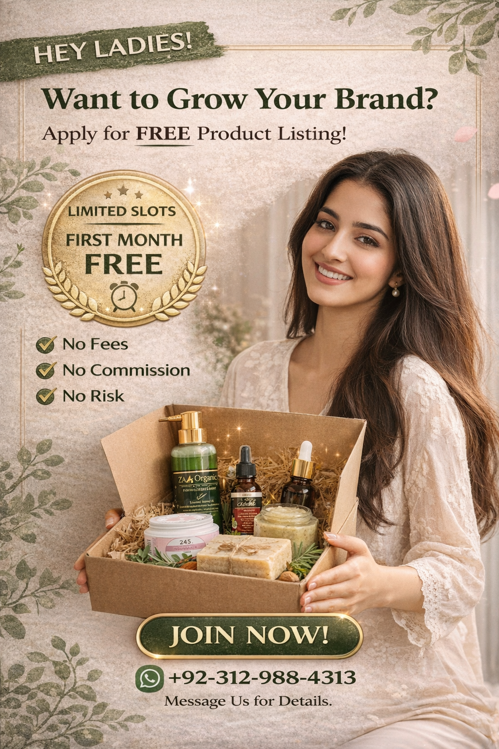 Advertisement for a product listing service with a woman holding a box of skincare products.
