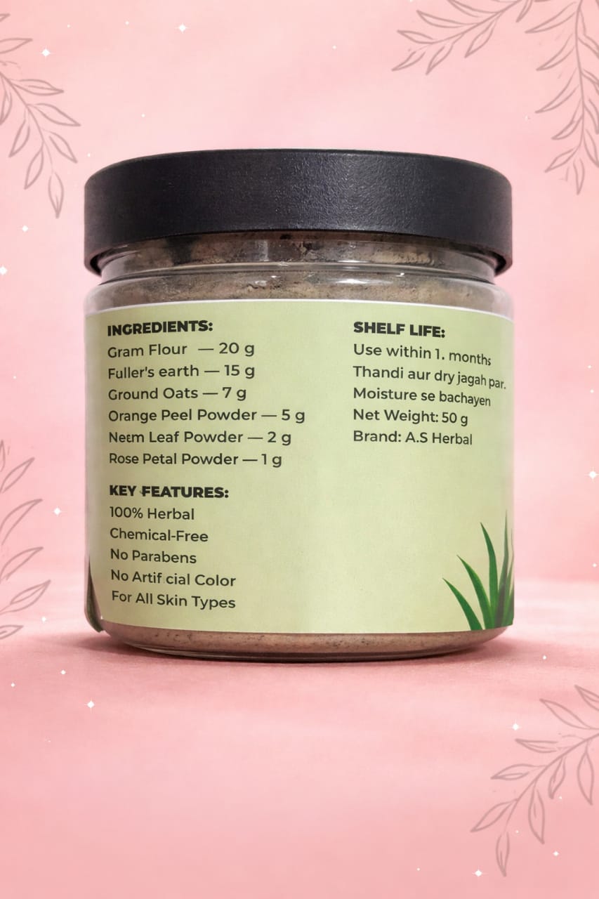 Jar of A.S. Herbal product with ingredient list and shelf life information on a pink background