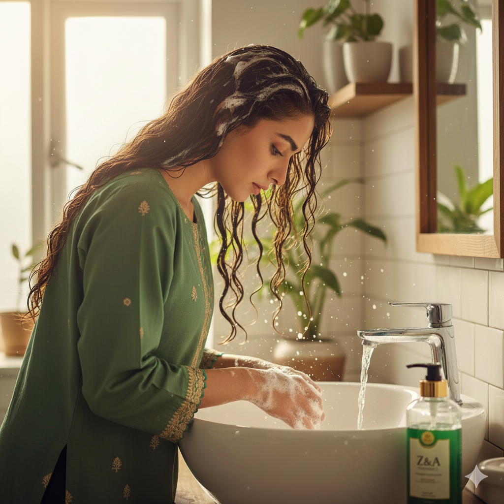Woman washing her hair in a sink with a bottle of shampoo visible