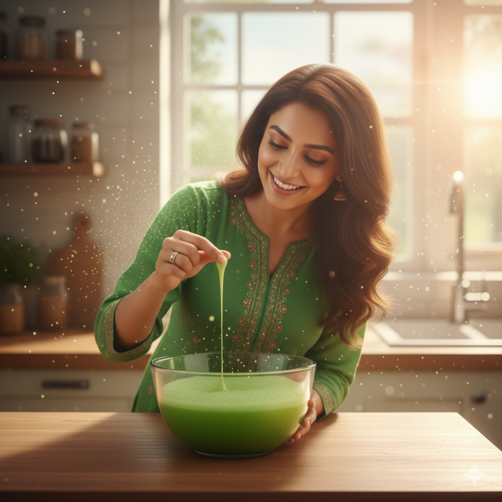 Woman in a green traditional outfit stirring a bowl of green liquid testing thickness in a kitchen.