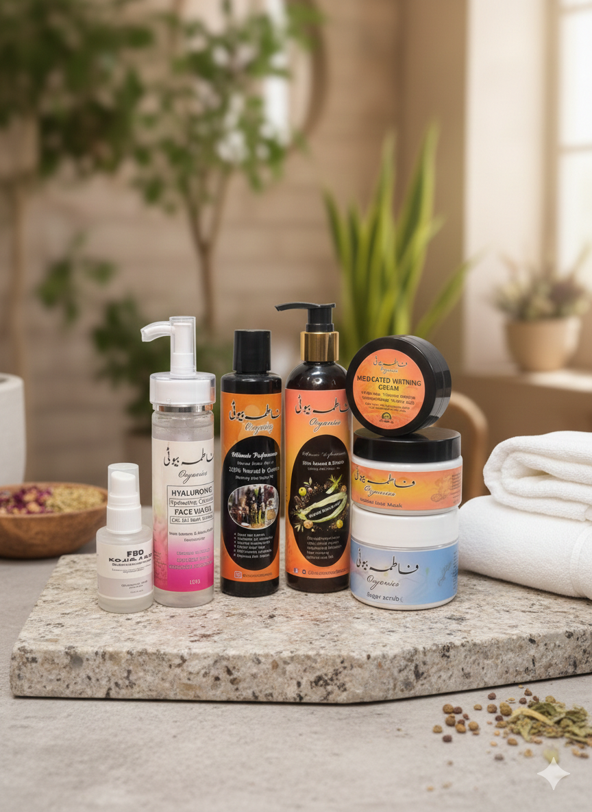 Collection of skincare products on a stone surface with a blurred indoor background