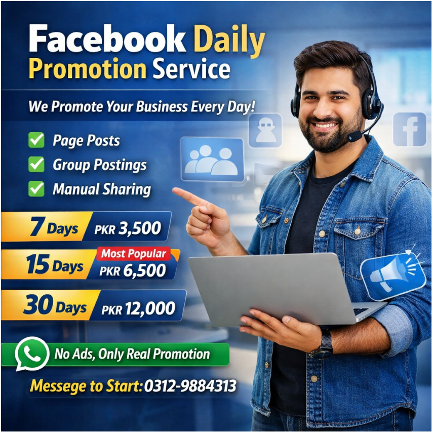Advertisement for Facebook Daily Promotion Service with a man holding a laptop and headset.