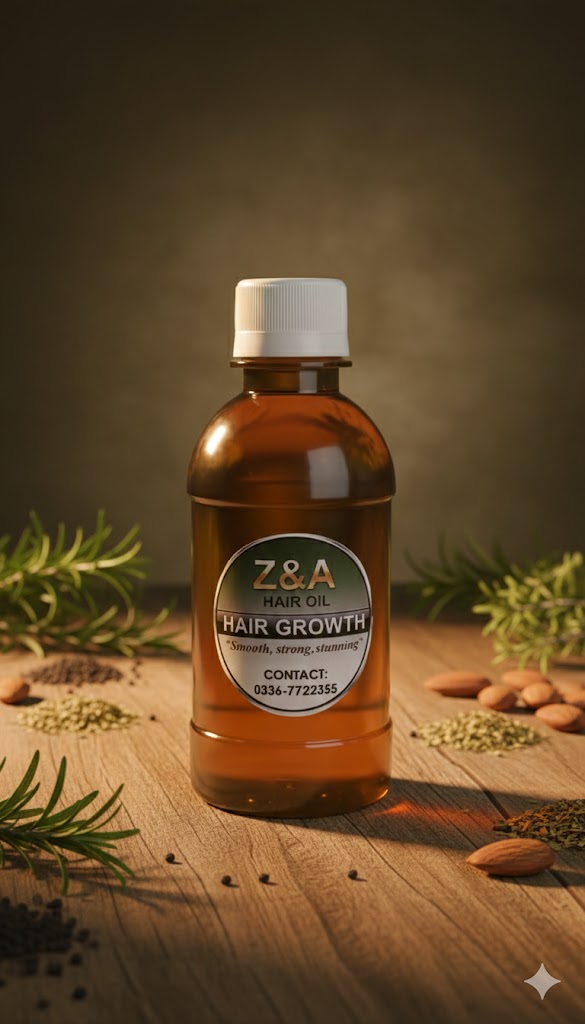 Bottle of Z&A Hair Growth Oil on a wooden surface with herbs and seeds.