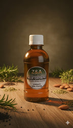 Bottle of Z&A Hair Growth Oil on a wooden surface with herbs and seeds.