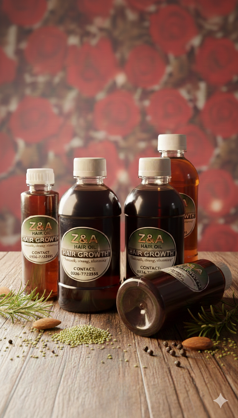 Bottles of ZPA Hair Growth product on a wooden surface with a red floral patterned background.