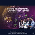 Advertisement for website development and customization services with a team of people and icons on a dark background.