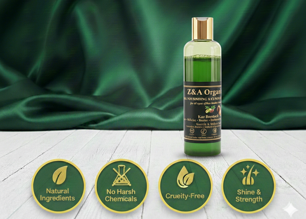 Z&A Organic hair nourishing keratin bottle with green fabric background