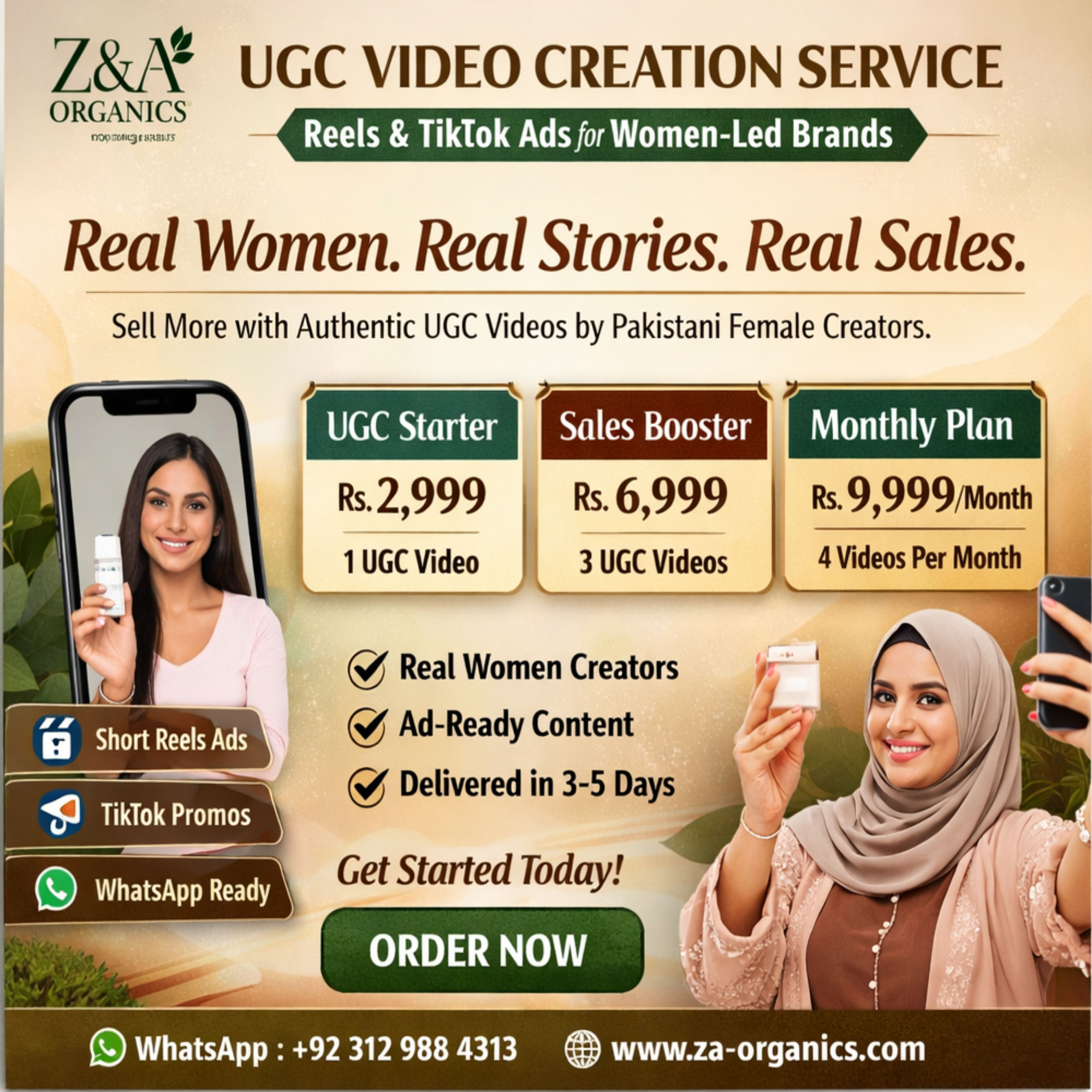 Advertisement for Z&A Organics UGC video creation service with pricing and features.