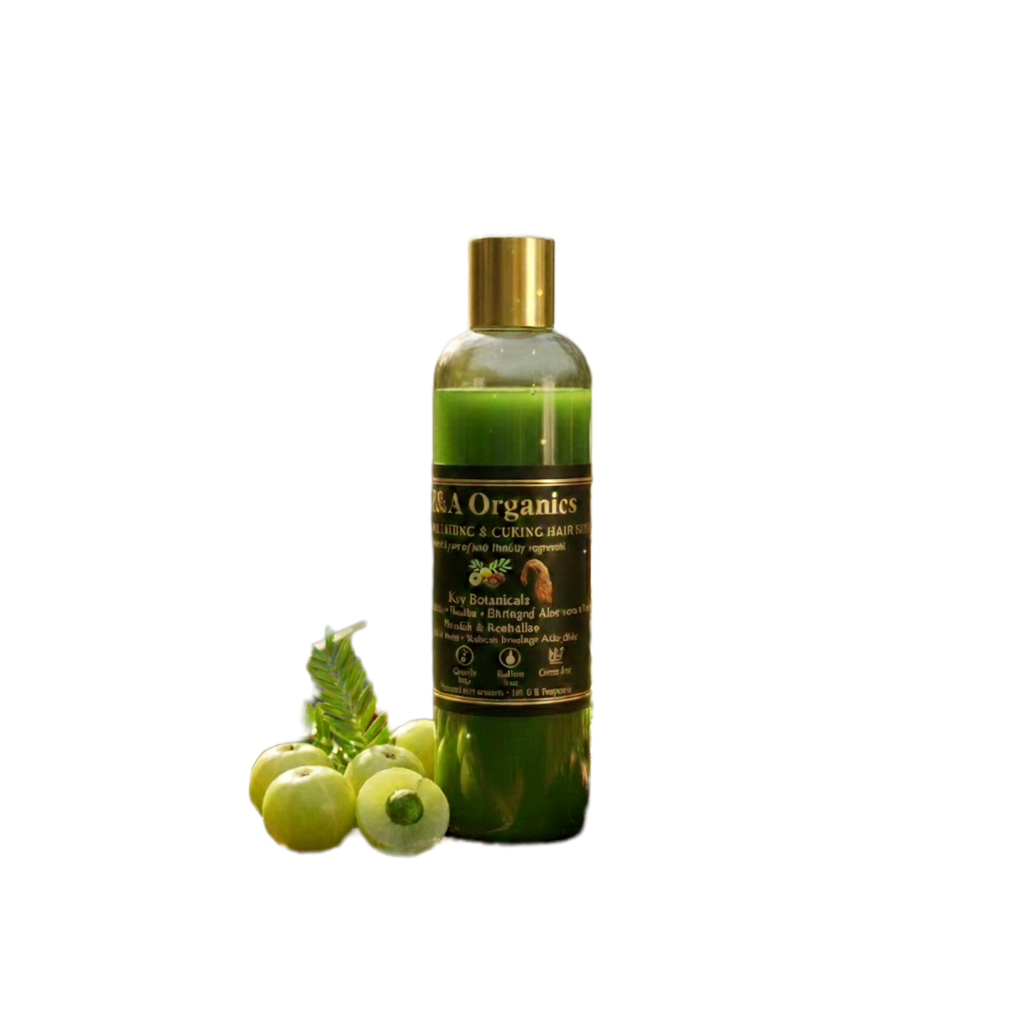 Bottle of 'A to Z Organics' shampoo with green leaves and fruits on a white background