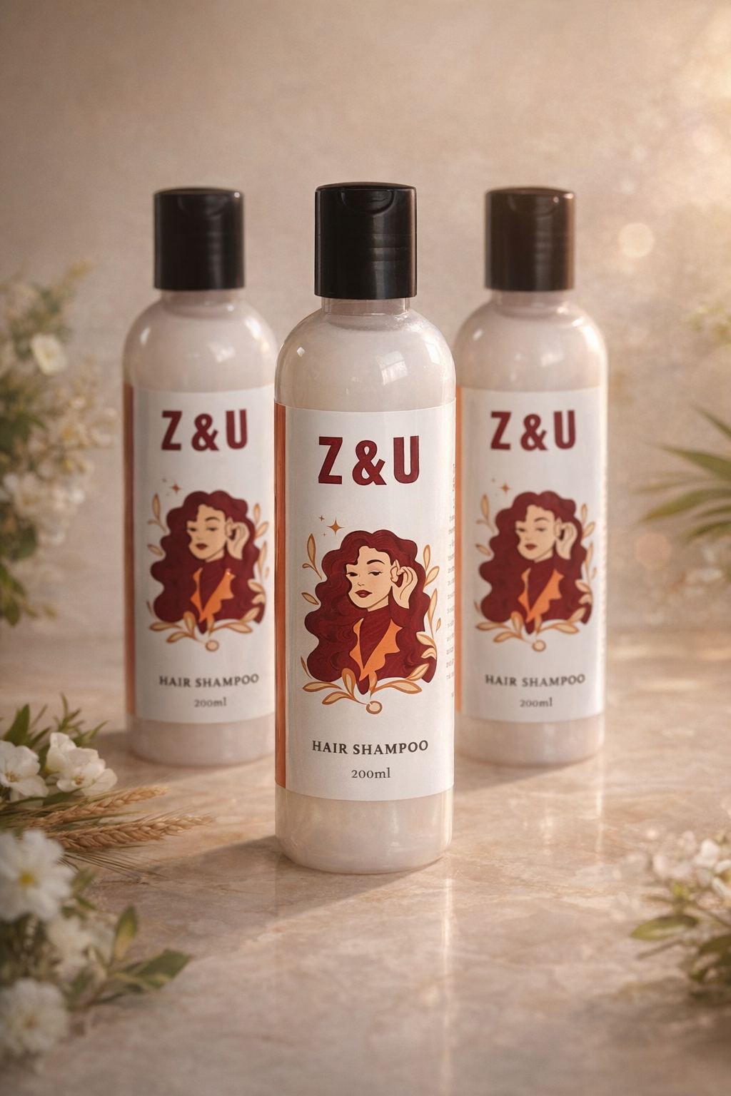 Three bottles of Z&U hair shampoo on a wooden surface with a blurred natural background